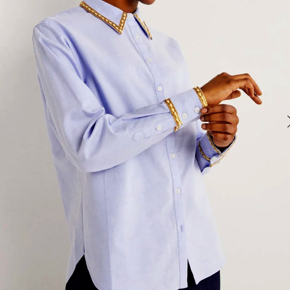 NWT Boden Blue Womens Shirt with Gold Trim